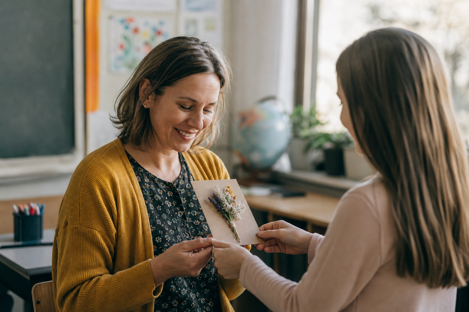 Kind geeft cadeau aan juf aan het einde van het schooljaar in een Nederlandse basisschoolklas