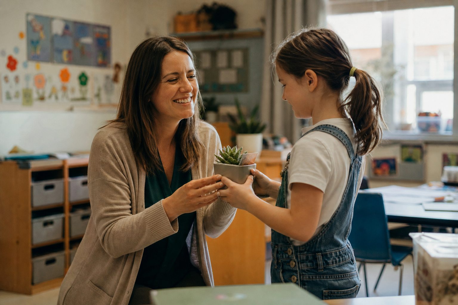 Child handing a thank-you gift to a teacher on the last day of school